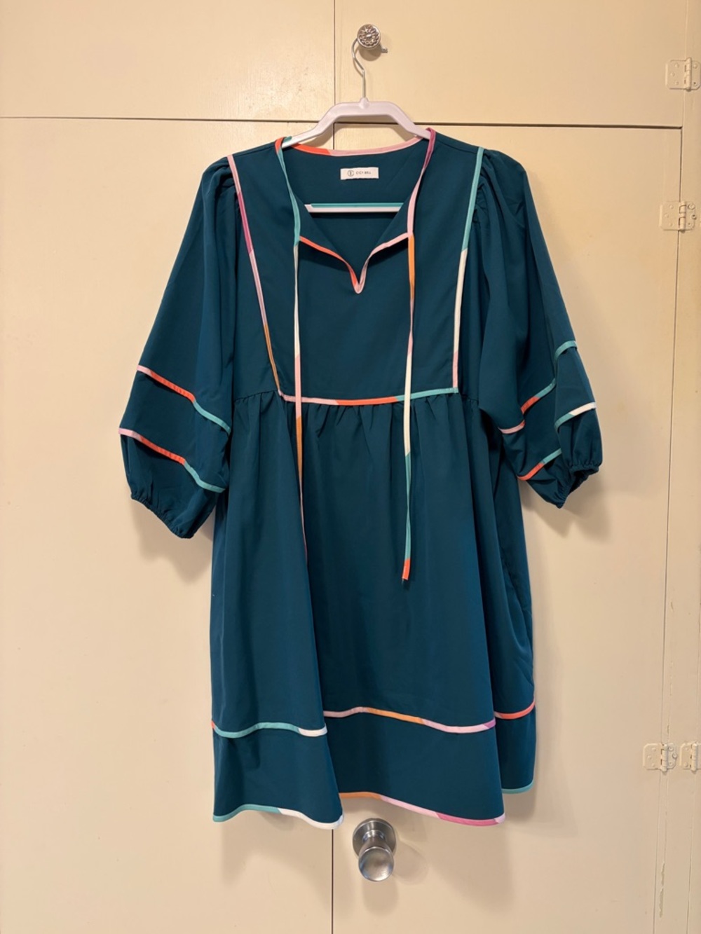 Teal Puff-Sleeve Tunic Dress with Contrast Trim